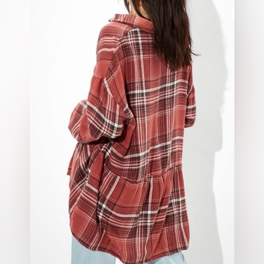American Eagle Outfitters Red Plaid Babydoll Button-Down Shirt - Picture 2 of 6